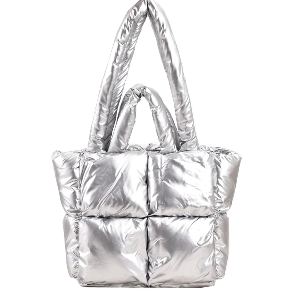 Silver Quilted Puffer Tote Bag